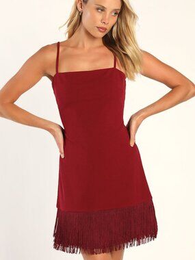 Lulus Party All Night Long Burgundy Fringe Bodycon Mini Dress Red - Size XS